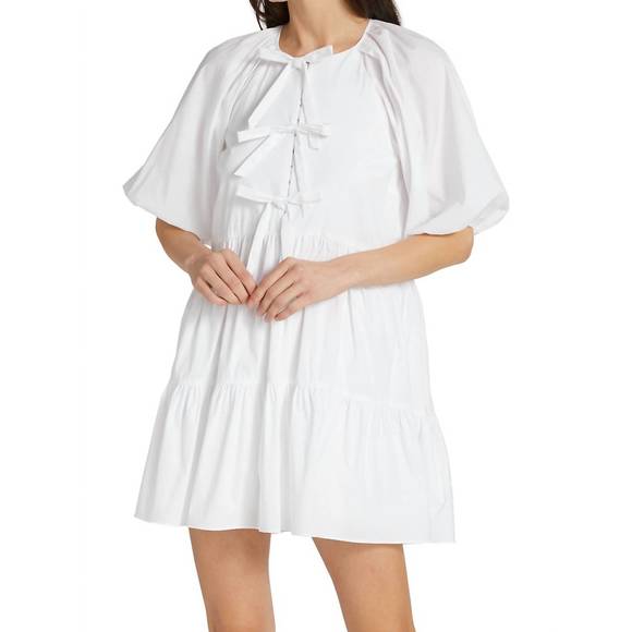 NEW CINQ A SEPT lynn cotton bow detail puff sleeve flared mini dress in white - Picture 3 of 6